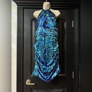 Le Chateau Ruched Satin Animal Print Dress